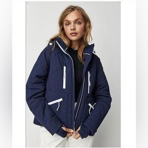 $398 Free People FP Movement All Prepped Short Ski Jacket Sz M Navy Hooded NWOT